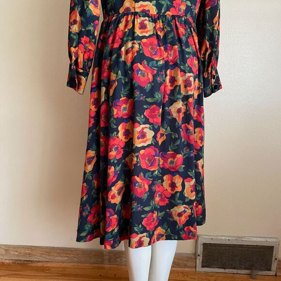 Vintage S.G.Gilbert Size 12 Dark Floral Dress Orange Long Sleeve Velvet Buttons - Picture 8 of 10